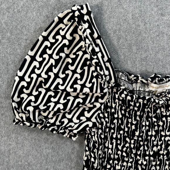 Monteau Los Angeles Puff Sleeve Smocked Crop Top Linen Blend Size XL Black/White - Picture 2 of 8